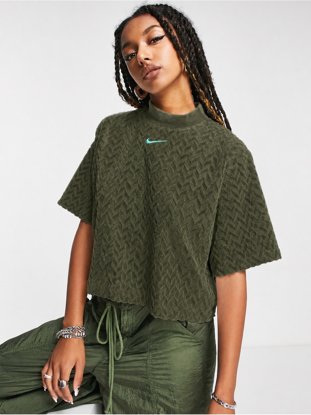 Nike Sportswear Everyday Modern All-Over Jacquard Boxy Top Sequoia Green Small